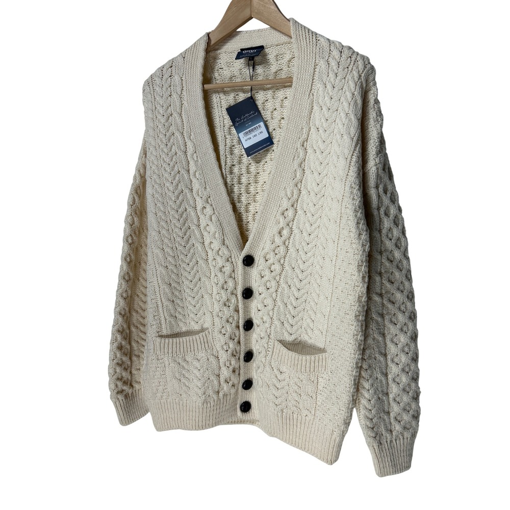Aran Woollen Mills Cable Knit Cardigan Cream White Irish Wool Sweater Mens L NWT